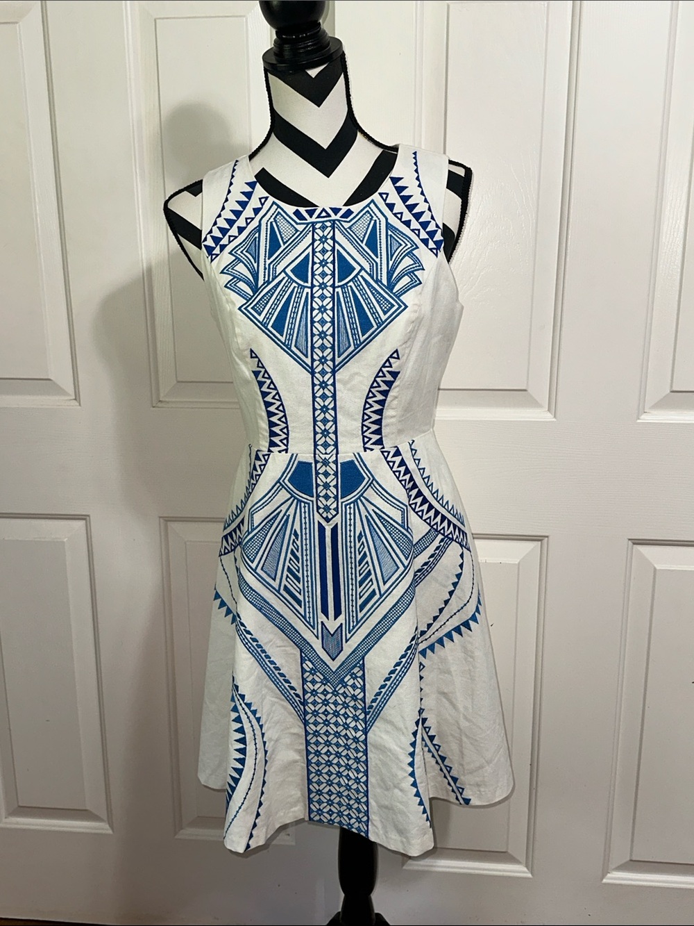 Champagne & Strawberry White Dress with Embroidered Blue Geometric Print